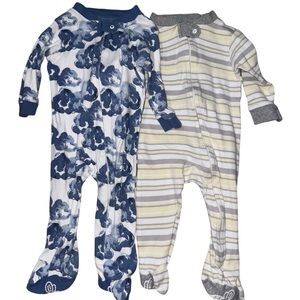 Burt’s Bees Baby Zip Pajamas w/Feet - Blue Cloud & Yellow Striped - 3-6m